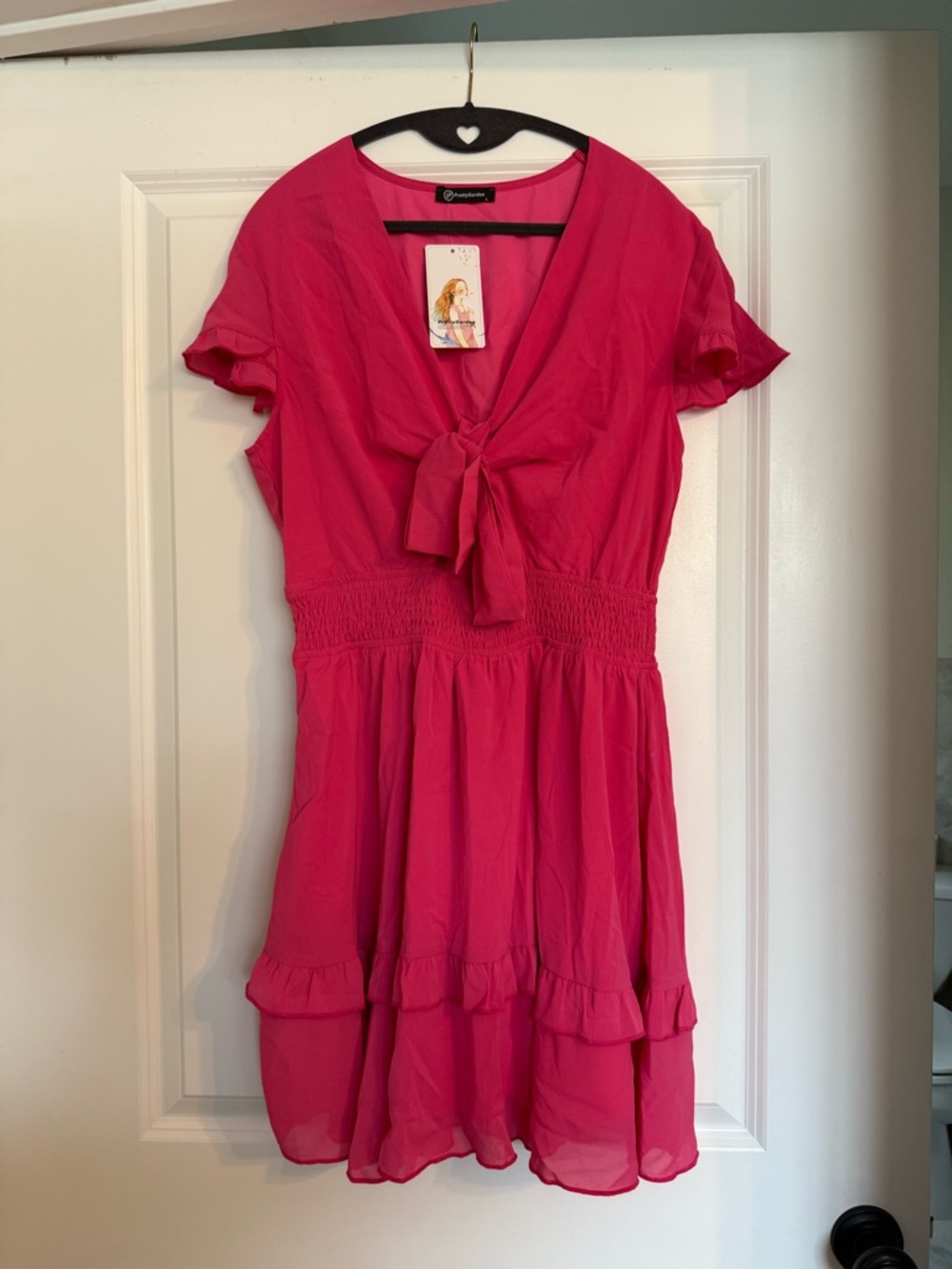 PrettyGarden Vivid Pink Tie-Front Ruffle Dress